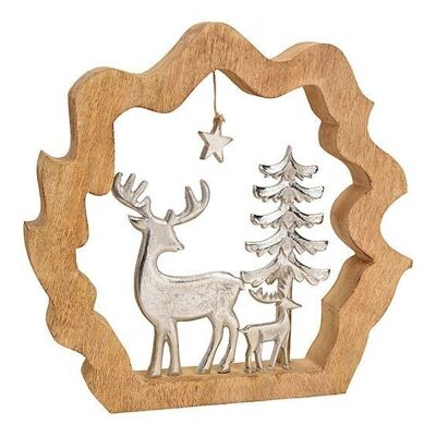 Stand deer with tree in mango wood circle, made of silver metal (W/H/D) 40x38x5cm