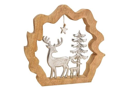 Aufsteller Hirsch mit Baum in Mangoholz Kreis, aus Metall Silber (B/H/T) 40x38x5cm