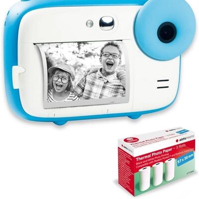 AGFA PHOTO Realikids Instant Cam Pack + 3 zusätzliche ATP3WH Thermopapierrollen – Sofortbildkamera für Kinder, 2,4-Zoll-LCD-Bildschirm, Lithiumbatterie, Selfie-Spiegel und Fotofilter – Blau