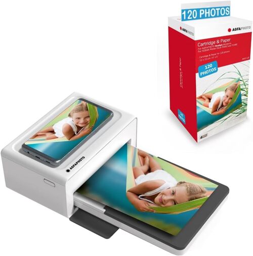 AGFA PHOTO Pack Imprimante Realipix Moments + Cartouches et papiers 120 Photos supplémentaires - Impression Bluetooth Photo 10x15 cm Smartphone Apple et Android, 4Pass Sublimation Thermique - Blanc