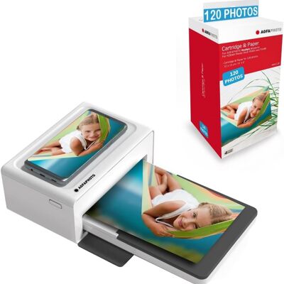 AGFA PHOTO Pack Impresora Realipix Moments + Cartuchos y Papeles 120 Fotos Adicionales - Impresión Fotográfica Bluetooth 10x15 cm Smartphone Apple y Android, Sublimación Térmica 4Pass - Blanco