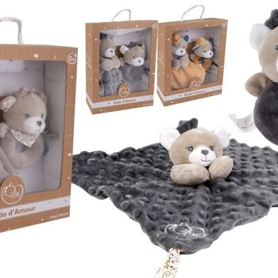 DODO D'AMOUR - Coffret Doudou Carré et Hochet - Ours - 052190 - Assortiment Gris Beige ou Moutarde - Polaire - Naissance - Peluche - Bébé - Rassurant - Doux - Lavable - 29 cm x 22 cm - À Partir de 0 mois