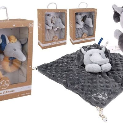 DODO D'AMOUR - Coffret Doudou Carré et Hochet - Éléphant - 052191 - Assortiment Gris Beige ou Moutarde - Naissance - Peluche - Bébé - Rassurant - Doux - Lavable - 29 cm x 22 cm - À Partir de 0 mois