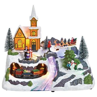 Escena de invierno con luz, música, movimiento. Tren, trineo de Papá Noel de plástico de colores (An / Al / Pr) 31x27x20cm