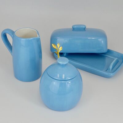 Butter Dish, Sugar Bowl, Milk Jug Set Sky Blue Glaze