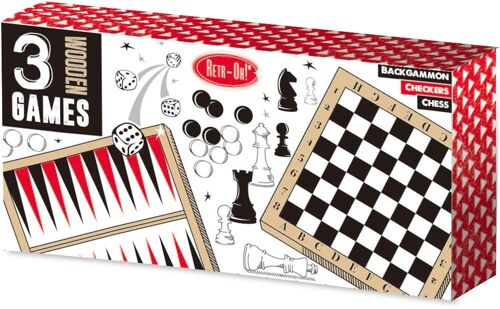 Retr-Oh! 3-in-1 Game set Schaken (Chess), Dammen (Checkers) & Backgammon - Houten cassette, speelbord en stukken