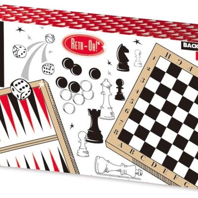 Retr-Oh! 3-in-1-Spielset Schach (Schach), Dame (Dame) und Backgammon – Holzkassette, Spielbrett und Figuren