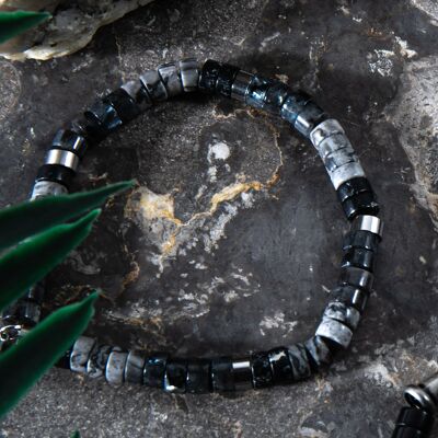 Pulsera de cuentas Heishi en jaspe negro y gris