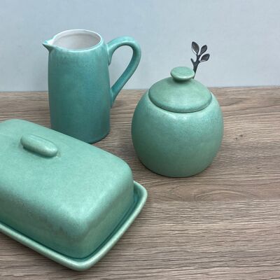 Butter Dish, Sugar Bowl and Cream Jug Set - Cornish Copper Glaze