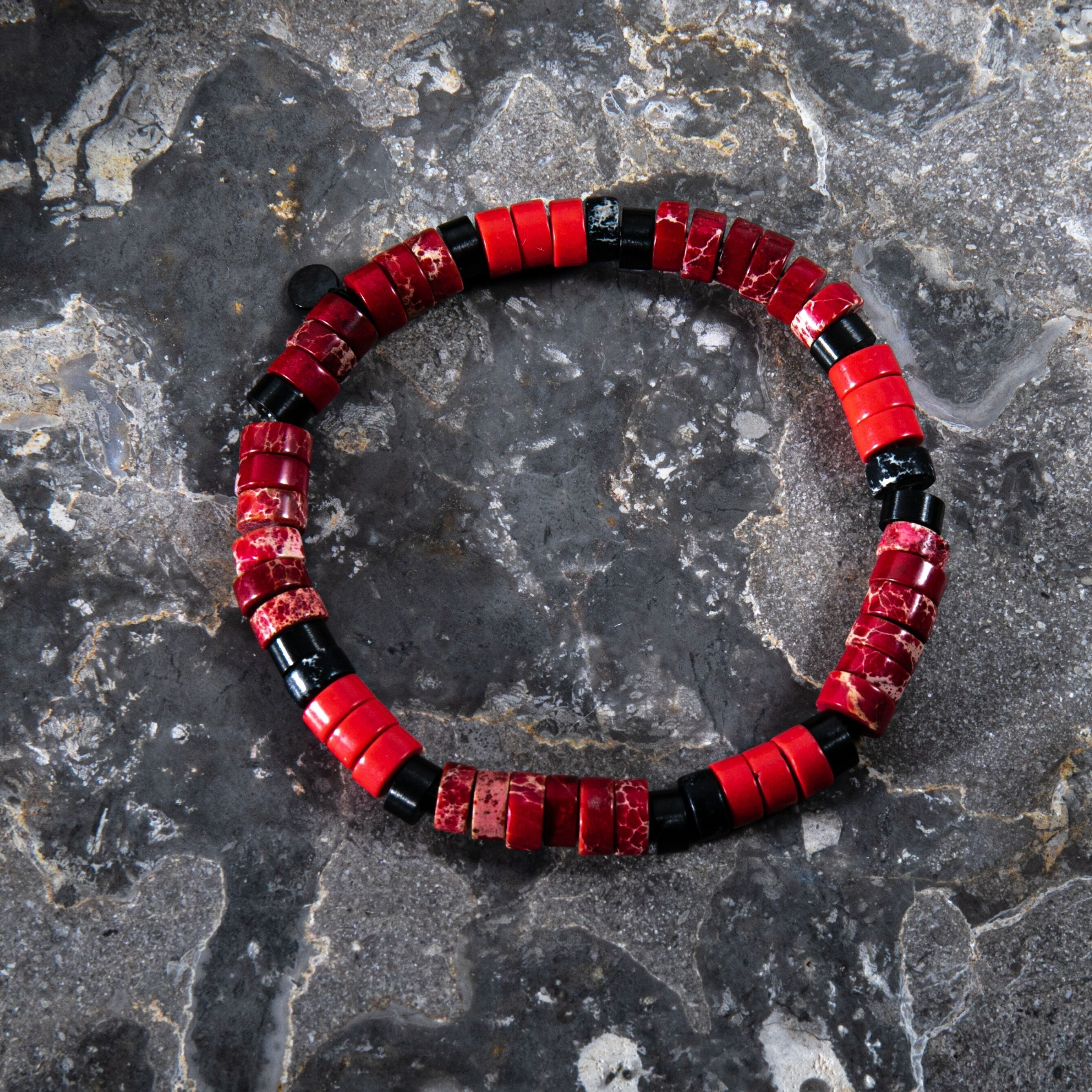 Bracciale heishi perline pietra corallo e diaspro imperiale rosso
