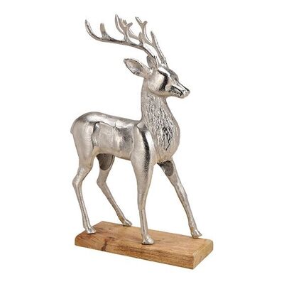 Cerf en métal sur socle en bois de manguier argenté (L/H/P) 36x61x16cm