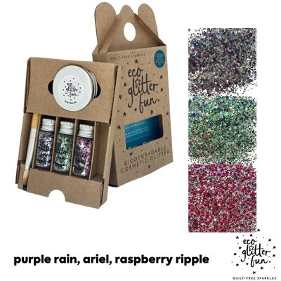 Eco Glitter Fun Holo 3 piezas mezclas 6 kit en caja - Ariel, lluvia púrpura, ondulación de frambuesa