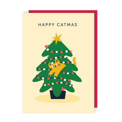 Linda y divertida tarjeta navideña con gato en el árbol, paquete de 6