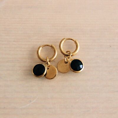 Stainless steel hoop earrings with plate and crystal pendant – black/gold