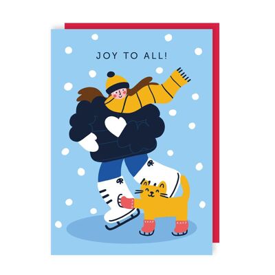 Jolie carte de Noël de patinage sur glace avec chat, paquet de 6