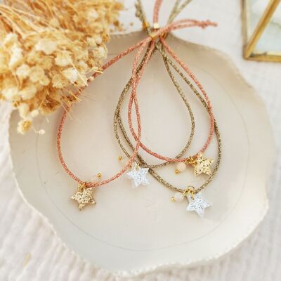 Shiny star and natural pearl cord bracelet