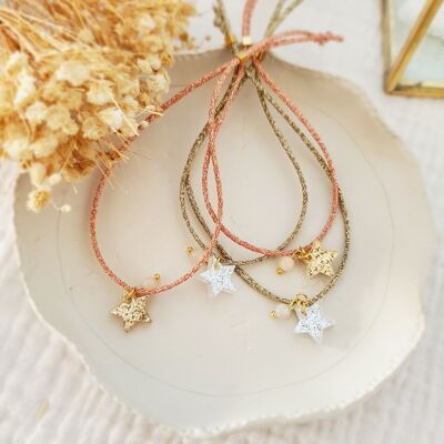 Pulsera cordón estrella brillante y perlas naturales