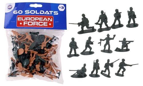 EUROPEAN FORCE - 60 Petits Soldats - Soldats - 080227 - Kaki - Plastique - Militaire - Jouet Enfant - Miniature - 3,5 cm x 3,5 cm - À Partir de 3 ans