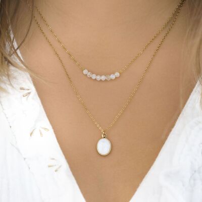 Double row necklace and natural stone in gold stainless steel and mother-of-pearl pendant