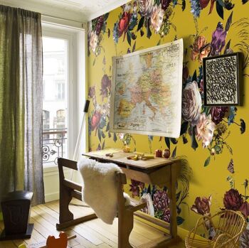 Papier Peint Floral De Style Flamand Fond Jaune Moutarde 3