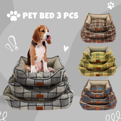 3 Pcs Cama De Perros Lino Estampado Cuadros (4 Colores)