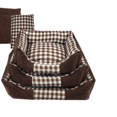 3 Pcs Cama De Perro De Gamuza Estampado De Cuadros Marron