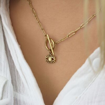 Gold stainless steel eye necklace and T clasp