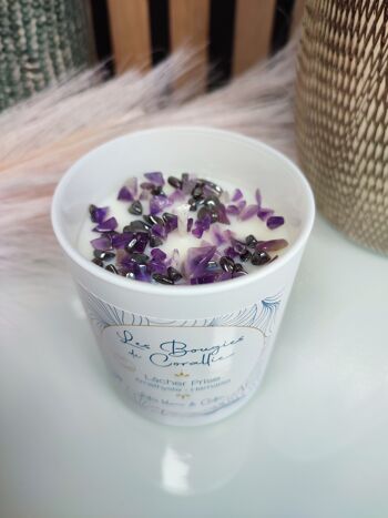 Bougie parfumée lâcher-prise avec pierre naturelle semi précieuse violette et grise, améthyste hématite, bougie naturelle, cadeau de noël 1