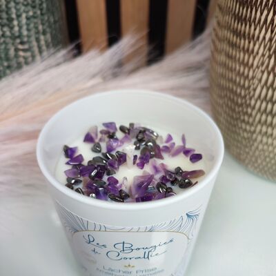 Bougie parfumée lâcher-prise avec pierre naturelle semi précieuse violette et grise, améthyste hématite, bougie naturelle, cadeau de noël