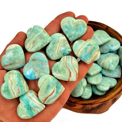 Lot de 10 cœurs en cristal d'aragonite bleue (30 mm – 35 mm)
