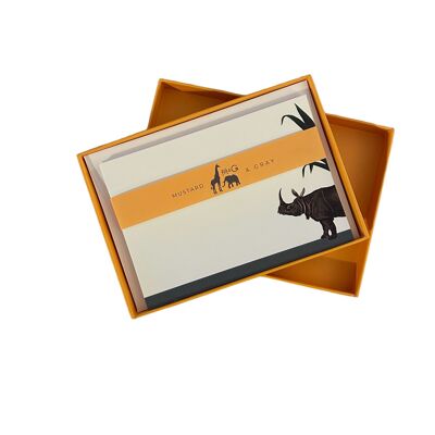 Juego de tarjetas de notas "Reacio Rinoceronte" de Darwin's Menagerie con sobres colocados