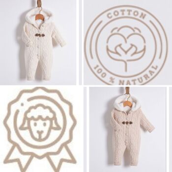 Un paquet de quatre tailles de salopette à capuche en tricot pour bébé avec détails en cuir 1