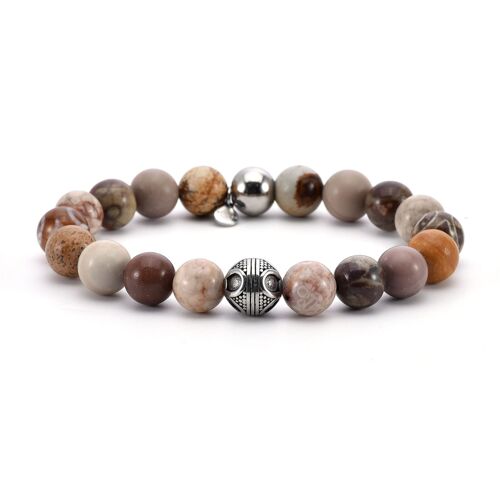 Bracelet acier pierres naturelles perles rondes agate indienne agate nacre marron et rouge