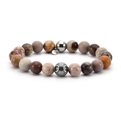 Steel bracelet natural stones round beads Indian agate brown and red mother-of-pearl agate