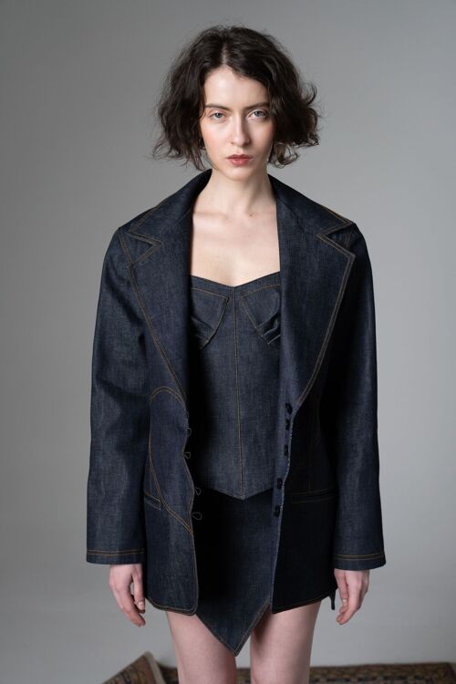 'Brokne heart' denim blazer with brown decorative seams