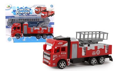 FLYPOP'S - Camion Pompier - Mini Véhicule - 020185 - Modèle Aléatoire - Plastique - Véhicule Friction - Voiture - Echelle - Nacelle - Jouet Enfant - 18 cm x 8,5 cm - À Partir de 3 ans