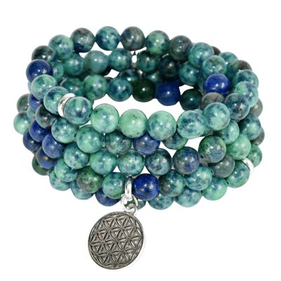 Bracciale Mala con perle di malachite azzurrite, 108 perle di preghiera