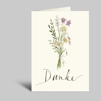 Carte de remerciement | bouquet de fleurs coloré | Merci | Carte aquarelle avec enveloppe
