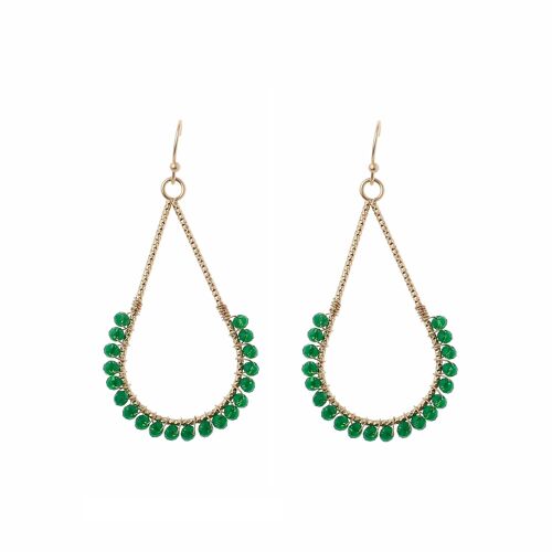 Semi Matt Gold Textured Cut Out Teardrop Earring With Green Beads