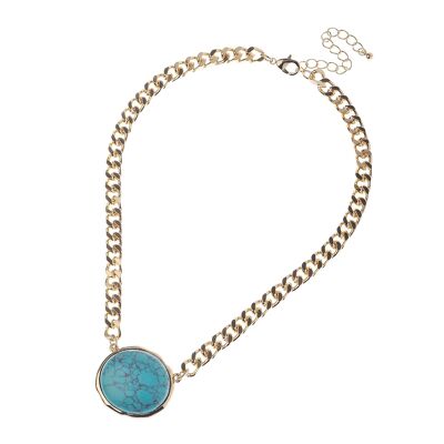 Collier à grosse chaîne gourmette en or 14 carats avec pendentif en pierre semi-précieuse turquoise