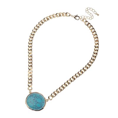 14K Gold Chunky Curb Chain Necklace With Turquoise Semi Precious Stone Pendant