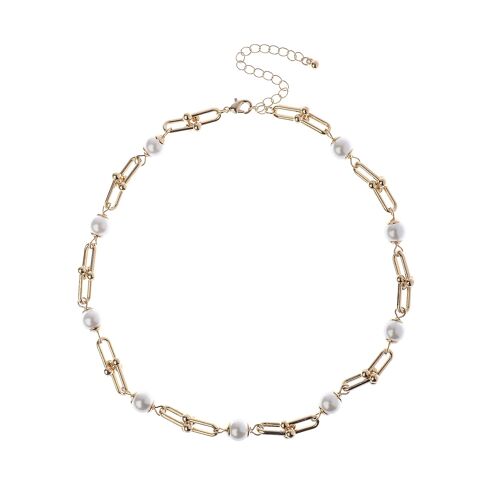 14K Gold U Shape Link Chain Necklace With Pearl Station