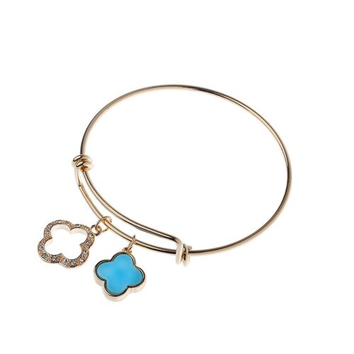 14K Gold Bangle With Turq Clover Charm And Crystal Stones