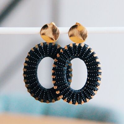 Stainless steel oval statement earring – black/gold