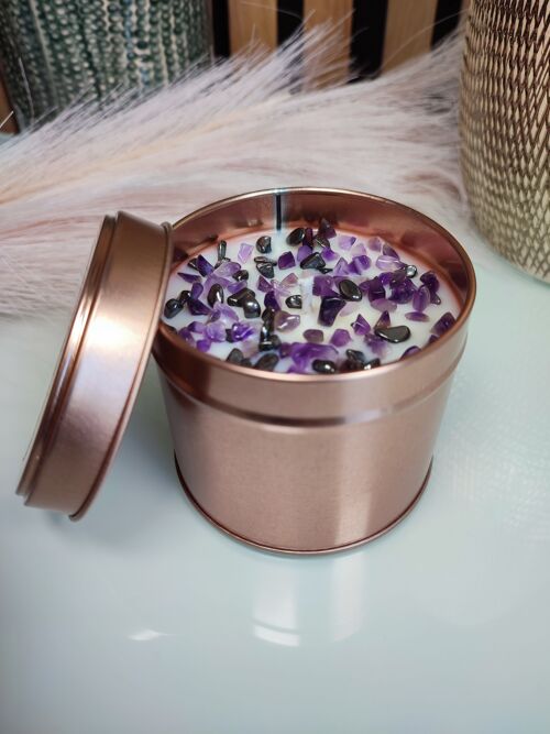 Bougie parfumée lâcher-prise avec pierre naturelle semi précieuse violette et grise, améthyste hématite, bougie naturelle, cadeau de noël