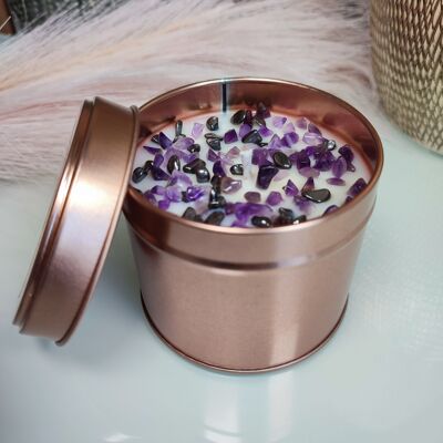 Bougie parfumée lâcher-prise avec pierre naturelle semi précieuse violette et grise, améthyste hématite, bougie naturelle, cadeau de noël