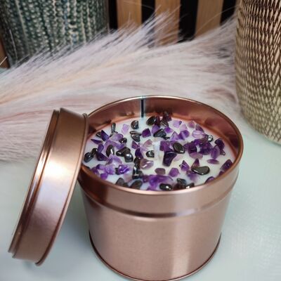 Duftkerze „Loslassen“ mit lila und grauem Halbedelstein, Hämatit-Amethyst, Naturkerze, Weihnachtsgeschenk
