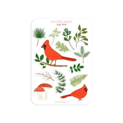 Feuille d'autocollants découpée - oiseau cardinal rouge automne/Noël