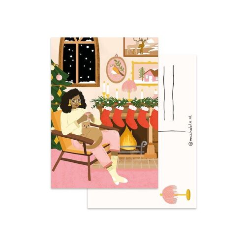 Kerstkaart/Christmas card - meisje in woonkamer en kat