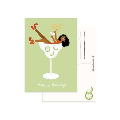 Kerstkaart/Christmas card - illustratie meisje in cocktail glas - Happy Holidays